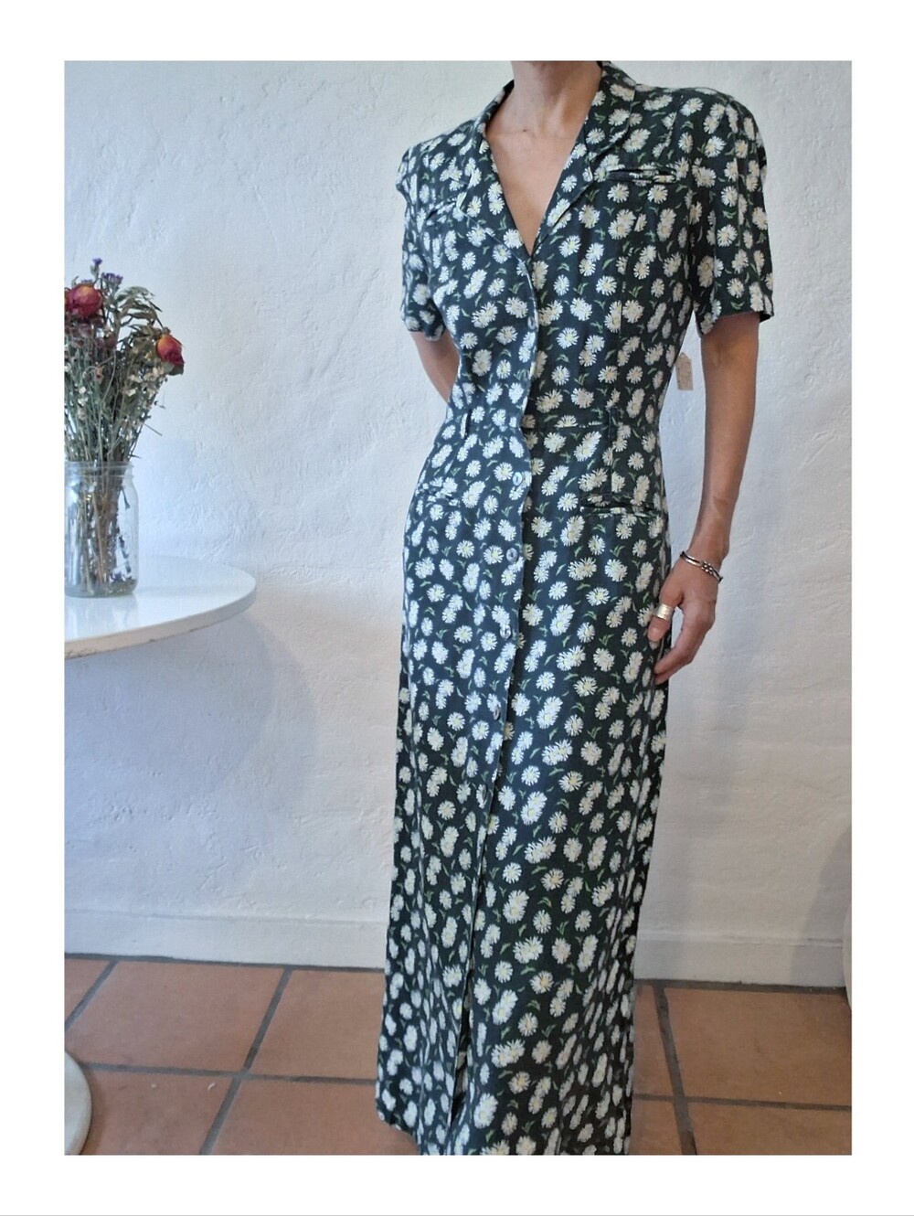 90s Vintage Linen Button Up Daisy Dress  Grunge Light Art School Minimal